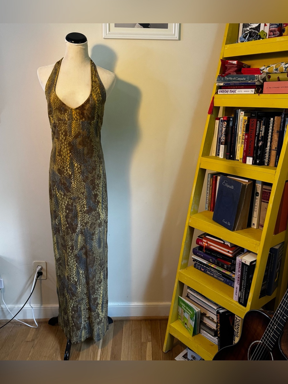 Bisou Bisou Olive Green Snake-Print Halter Maxi Dress